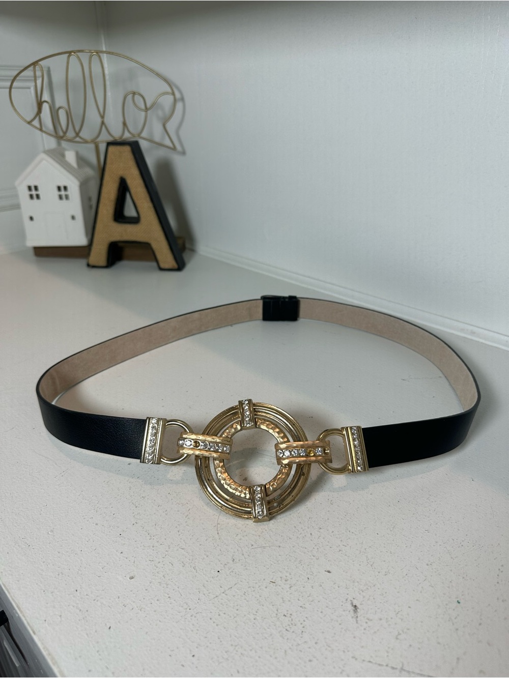 Chico’s Vintage Women’s Belt Black Leather S/M Gold Statement Circle Rhinestone